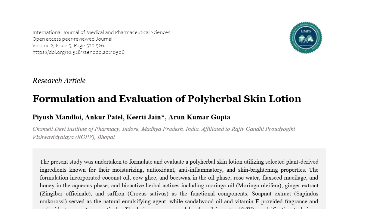 Formulation and Evaluation of Polyherbal Skin Lotion | IJMPS Journal